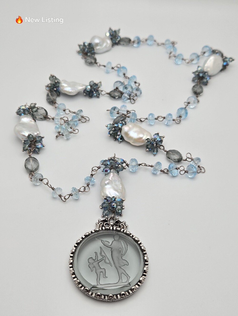 Sterling Silver Freshwater Pearl Intaglio Pendant Necklace 36" Artisan